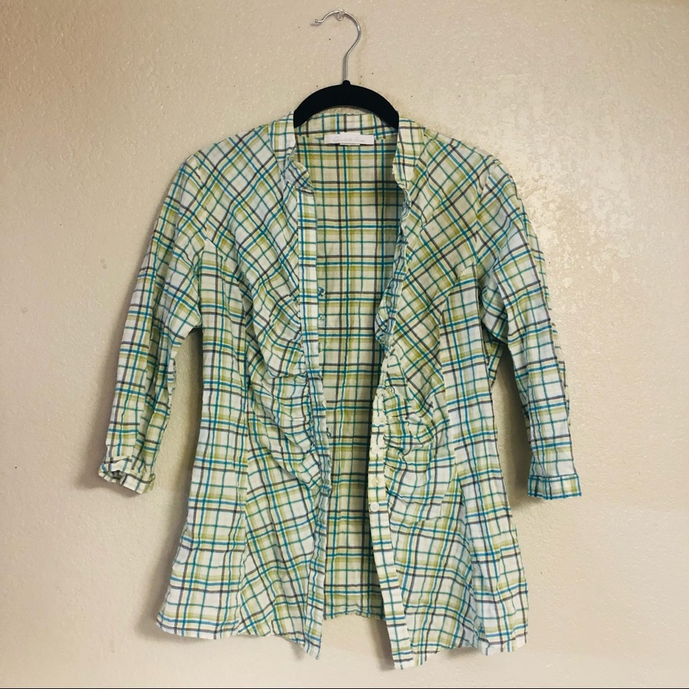 Charlotte Russe Green Plaid 3/4 Sleeve Button-Down Scrunched Center Shirt (L)